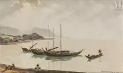 Retour des pêcheurs, matin d'hiver sur la côte d'Annam by Henri Mege, 1958, Huile sur panneau, sold Dec 2022