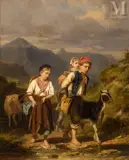 Jeunes enfants et leurs chèvres by Louis Simon Lasalle, Huile sur toile d'origine, sold Dec 2022