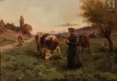 Au pré le soir by Ernest Chateignon, Huile sur toile d'origine, sold Dec 2022
