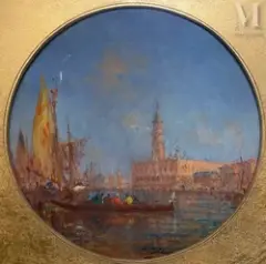 Gondoles devant la place Saint Marc à Venise by Charles Clément Calderon, Huile sur papier marouflée sur carton, sold Dec 2022
