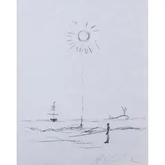 Baleine, soleil, bâteau et homme debout - 1961 by Alberto Giacometti, Lithographie en noir sur Japon nacré, signée, sold Dec 2017