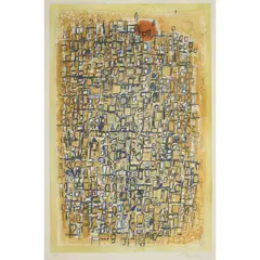 Composition sur fond jaune - circa 1950 by Roger Bissière, Eau-forte et aquatinte en couleurs imprimée sur Richard de Bas, signée et numérotée 3/75, sold Dec 2017