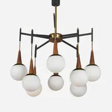 Chandelier by Stilnovo, c. 1960, brass, enameled steel, glass, walnut, sold May 2023