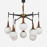 Chandelier by Stilnovo, c. 1960, brass, enameled steel, glass, walnut, sold May 2023
