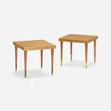 Occasional tables, pair by Paul Theodore Frankl, c. 1950, cork, mahogany, brass, sold May 2023