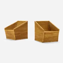 Lounge chairs, pair by Modernist, c. 1965, rattan, sold May 2023