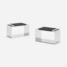 Eclipse occasional tables, pair by Stanley Jay Friedman, c. 1980, mirrored steel, granite, sold May 2023