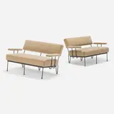 Settees, pair by Joseph Inco, c. 1955, iron, mohair upholstery, sold May 2023