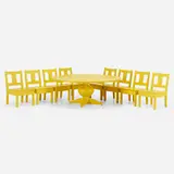 Outdoor dining table and chairs, set of eight by Roy McMakin, 2001, mahogany, spun aluminum, and enamel paint, sold May 2023