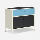 Steelframe cabinet, model 4032 by George Nelson & Associates, 1950, enameled steel, lacquered wood and masonite, laminate, aluminum, sold May 2023