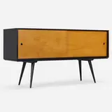Planner Group cabinet, model 1513 and bench, model 1546 by Paul McCobb, c. 1952, lacquered maple, maple, brass, sold May 2023