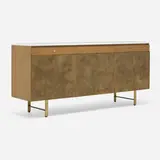 Irwin Collection cabinet, model 7706 by Paul McCobb, 1952, bleached mahogany, milk glass, leather, brass, chrome-plated steel, sold May 2023