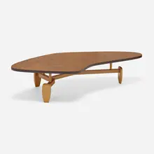 Coffee table, model 92 by John Keal, c. 1952, lacquered particle board, mahogany, sold May 2023