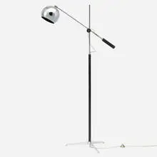 Floor lamp by Robert Sonneman, c. 1965, chrome-plated steel, enameled steel, leather, sold May 2023