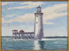Ram Island Ledge Light House by William Fisher, Oil on Board, offered Mar 2021