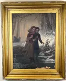 Children Pulling a Sled on a Frozen River by Henri Van Seben, Oil on canvas. Circa 1850, offered May 2022