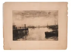 Gloucester Harbor by Stephen Parrish, Etching. After a painting by: W.M. Hunt. Circa 1880, offered Feb 2022