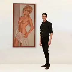 59 1/2 x 29 3/4 inches by Gil Elvgren, Oil on canvas. Exceptionally accomplished. Pin up art. No Signature found.Note:, offered Feb 2022