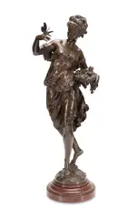 Allegory of Spring / 'Woman with Basket - circa 1880 by Mathurin Moreau, bronze sculpture on red marble base, sold Sep 2024