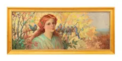 Lady with Blue Birds - 1908 by Frederick Stuart Church, oil on canvas, sold Sep 2024