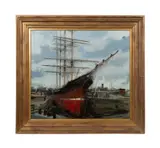 Untitled - Tall Ship in Antwerp Drydock by René Marie Dujardin, oil on canvas, sold Sep 2024