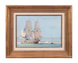 Arrivee du Mayflower a Cape Cod by Guy Peron, oil on board, sold Sep 2024