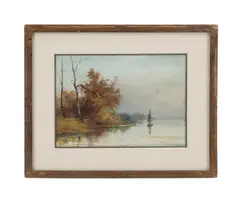 Untitled - Lakeside View with Sailboat - 19th century by James Northcote, watercolor on paper, sold Oct 2024