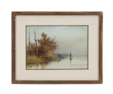 Untitled - Lakeside View with Sailboat - 19th century by James Northcote, watercolor on paper, sold Oct 2024