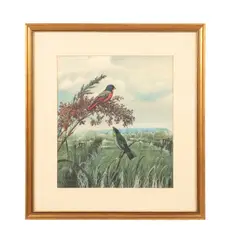 Untitled - Bunting Birds - c. 1940 by Edward Von Siebold Dingle, watercolor on paper board, sold Oct 2024