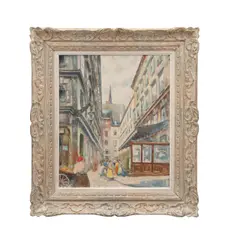 Untitled - Cityscape with Figures in Street by John Haymson, oil on canvas, sold Oct 2024