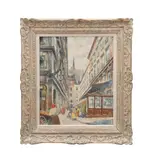 Untitled - Cityscape with Figures in Street by John Haymson, oil on canvas, sold Oct 2024