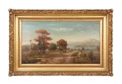 Untitled - Landscape with Figures and Lake by Ulrich Augustus Hoegger, oil on canvas laid to board, sold Oct 2024