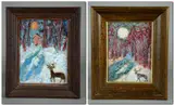 Pr deer in snowy forest landscape by Joseph Pinto Sr., acrylic on lauan and acrylic on masonite, sold Oct 2018
