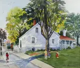 Untitled by Lee Branagan, watercolor painting with figures and house, sold Oct 2018
