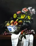 still life painting with bowl of fruit by Karin Becker, oil on canvas, sold Oct 2018