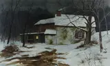 winter landscape painting "Full Moon by Charles R. Ross, watercolor on paper, sold Oct 2018