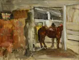 painting "Horse in Stall by Seymour Remenick, oil on wood panel, sold Oct 2018