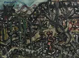 abstract landscape painting "Giardino con Statua by John Formicola, oil on canvas, sold Oct 2018