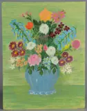 still life of potted flowers by Joseph Pinto Sr., acrylic on canvas board, sold Oct 2018
