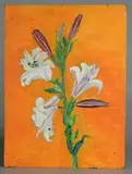 still life of lilies by Joseph Pinto Sr., acrylic on masonite, sold Oct 2018