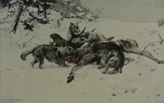 Untitled by Karl Uchermann, lithograph on paper of wolves slaughtering a moose, sold Oct 2018