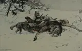 Untitled by Karl Uchermann, lithograph on paper of wolves slaughtering a moose, sold Oct 2018