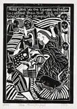 Jesus Went Into the Temple And Began to Cast Out Them That Sold and Bought In the Temple by John Muafangejo, 1979, linocut, sold Sep 2021