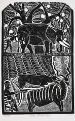 A Friend of Dogs Who Can Hunt by John Muafangejo, 1970, linocut, sold Sep 2021