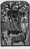 A Friend of Dogs Who Can Hunt by John Muafangejo, 1970, linocut, sold Sep 2021