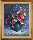 Still Life with Cosmos by Mike Parsons, oil on board, sold Sep 2021