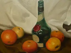Bottle with Attendants' (1985), a still life arrangement depicting a bottle and oranges by Geoffrey H. Pooley, oil on board, sold Jul 2024