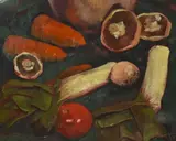 Leeks and Mushrooms by L.A. Gordon, oil on board, sold Jun 2024