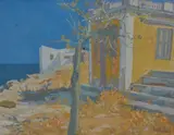 Summer House, Symi Shore by Irene Halliday, watercolour, sold May 2024