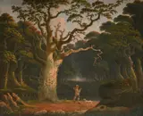 A woodcutter and his dog in a glade by Joshua Shaw, Oil on canvas, sold Jul 2025